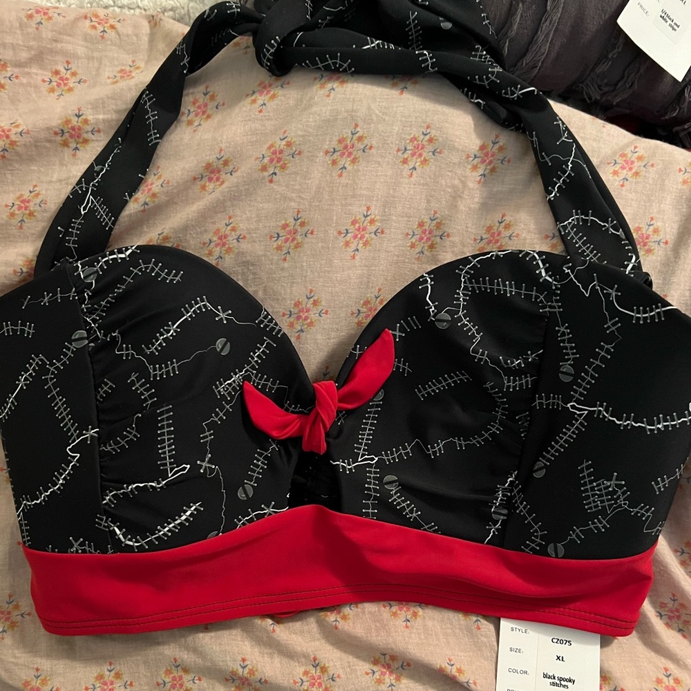 XL Unique Vintage Black Spooky Stitches Mrs. West Swim Top